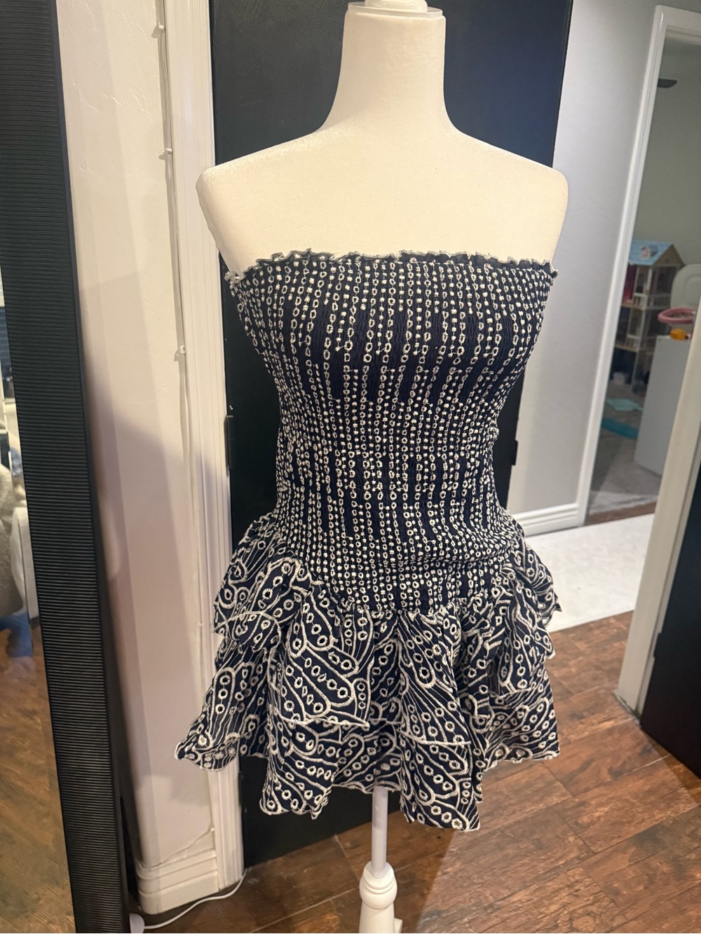 Windsor Navy and White Strapless Smocked Ruffled Mini Dress
